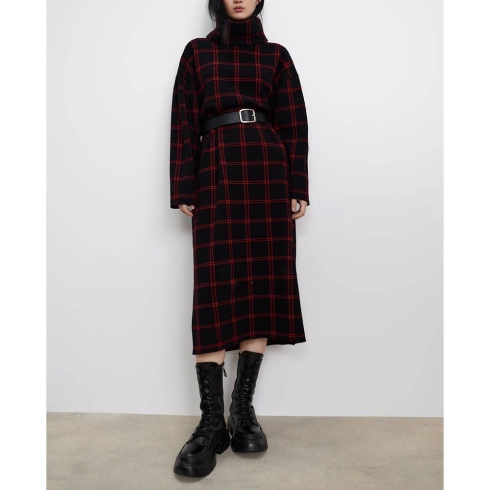 ZARA LONG KNIT PLAID DRESS RED MEDIUM